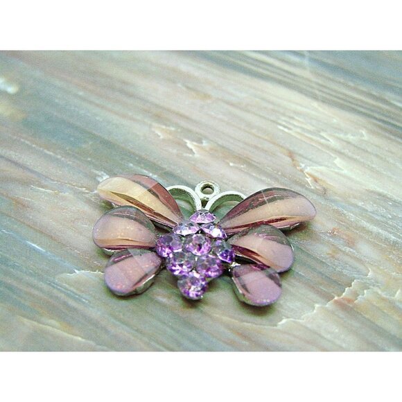 Rhinestone and Acrylic Butterfly Pendant Charm Silver Tone Purple Pink 1x1" - Picture 3 of 9